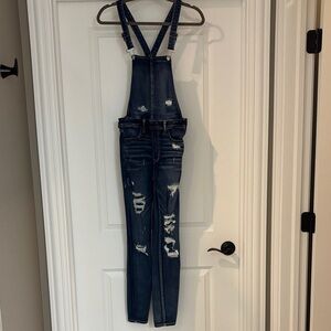 American Eagle Outfitters Dark Blue Distressed Overalls